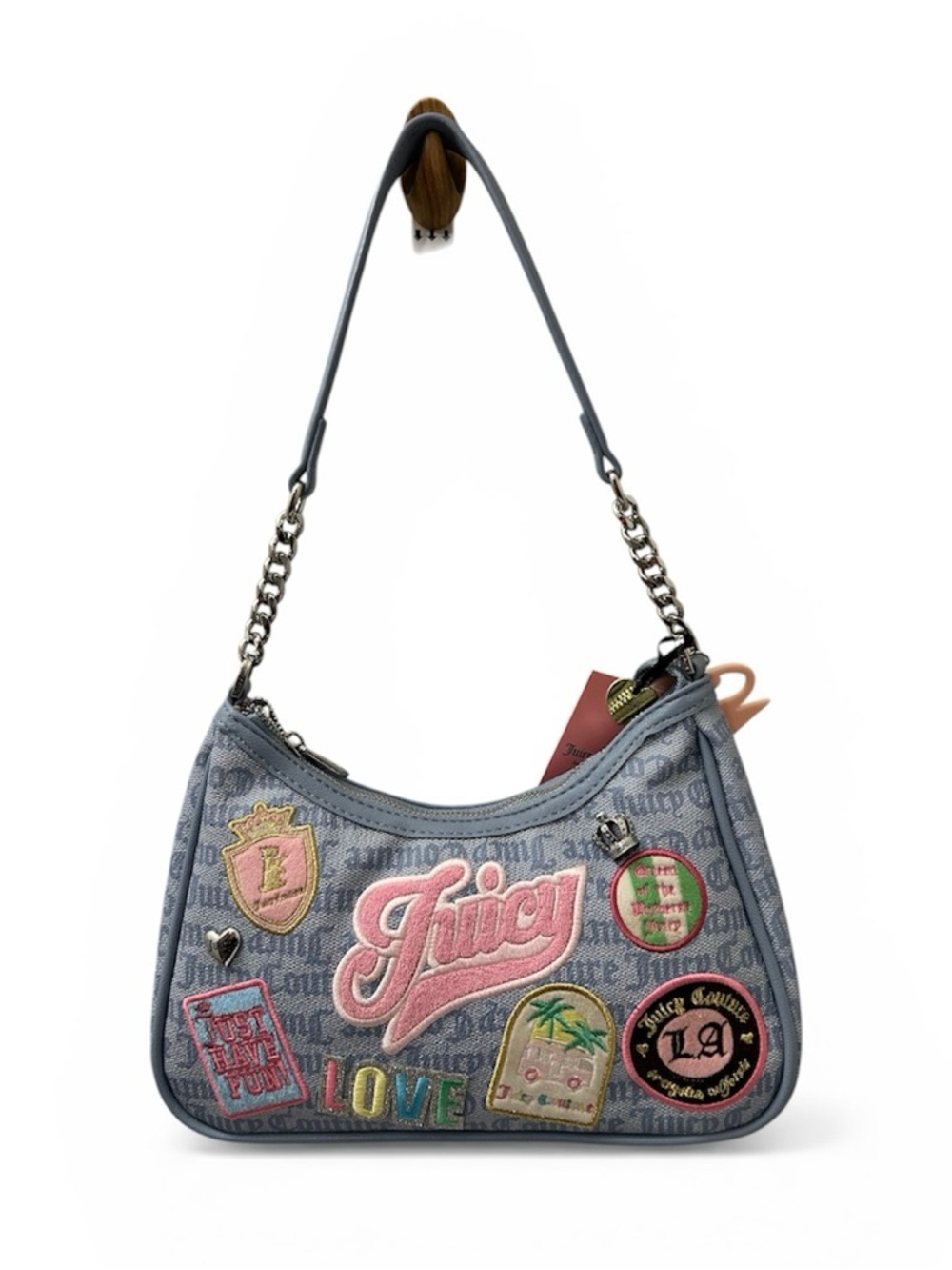 Juicy Couture Run The World Shoulder Bag Dusty Blue Silver Hardware Y2K Charm